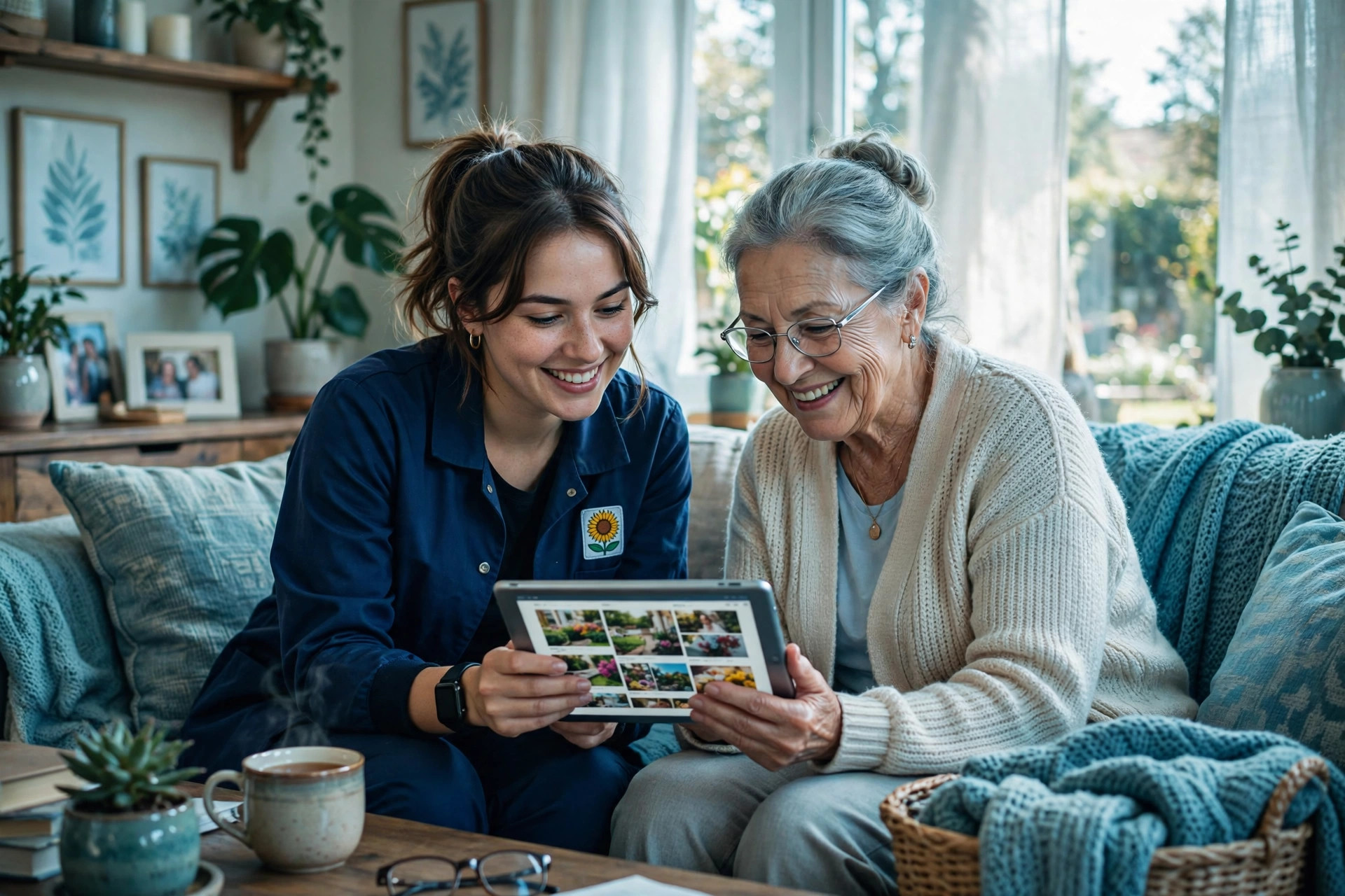 Caregiver and senior woman reviewing medication together on a tablet at home