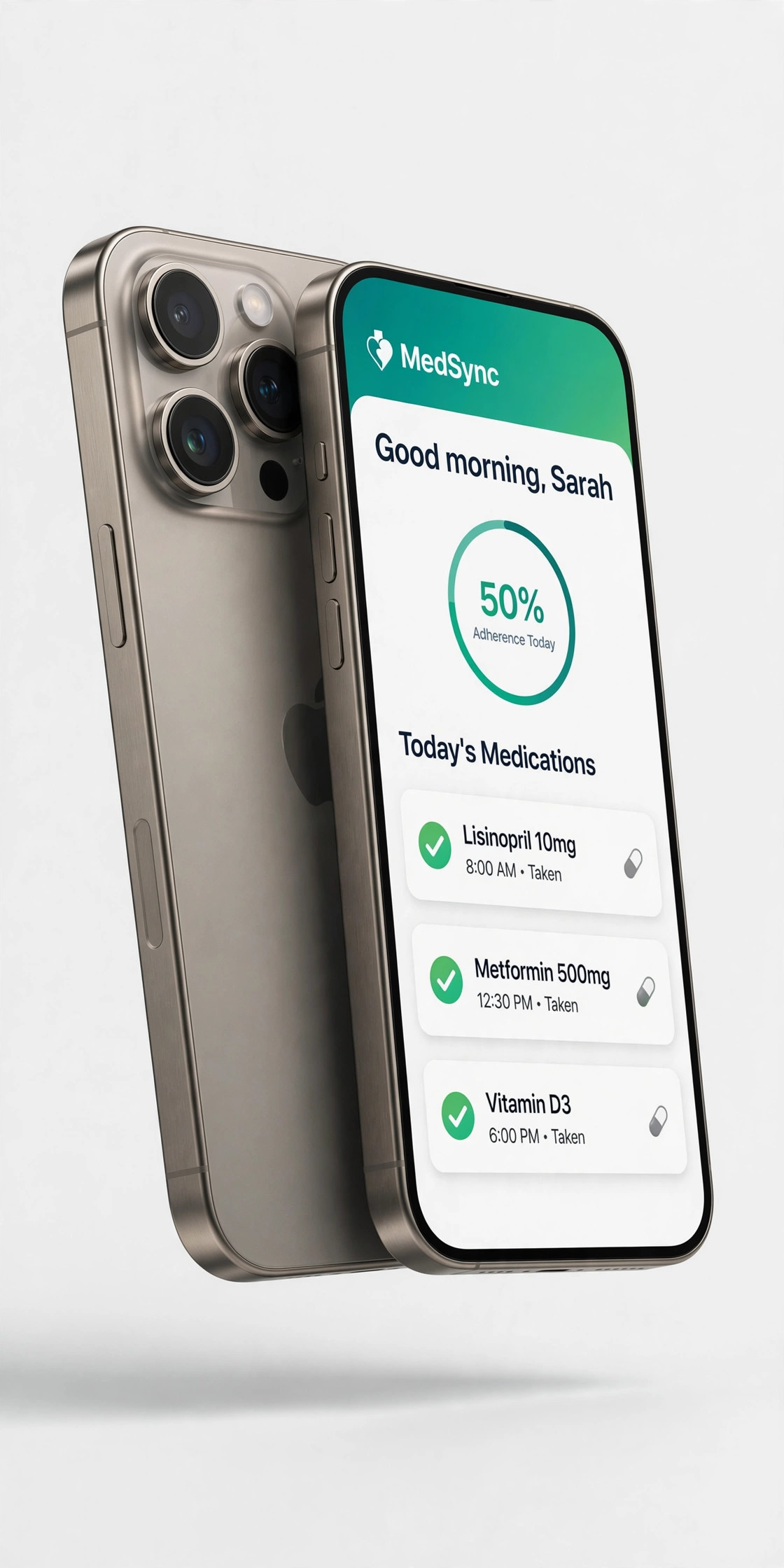 iPhone 18 Pro Max showing the MedSync medication reminder app