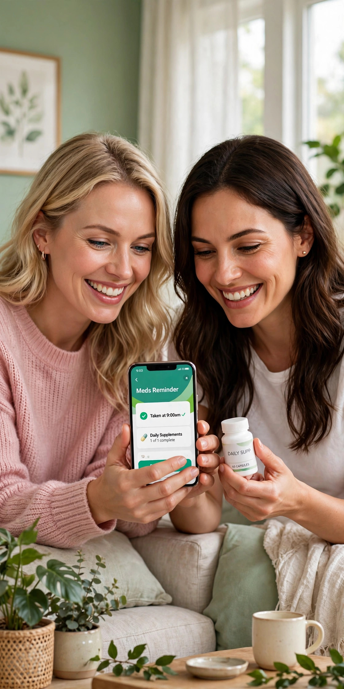Two women reviewing medication on a phone