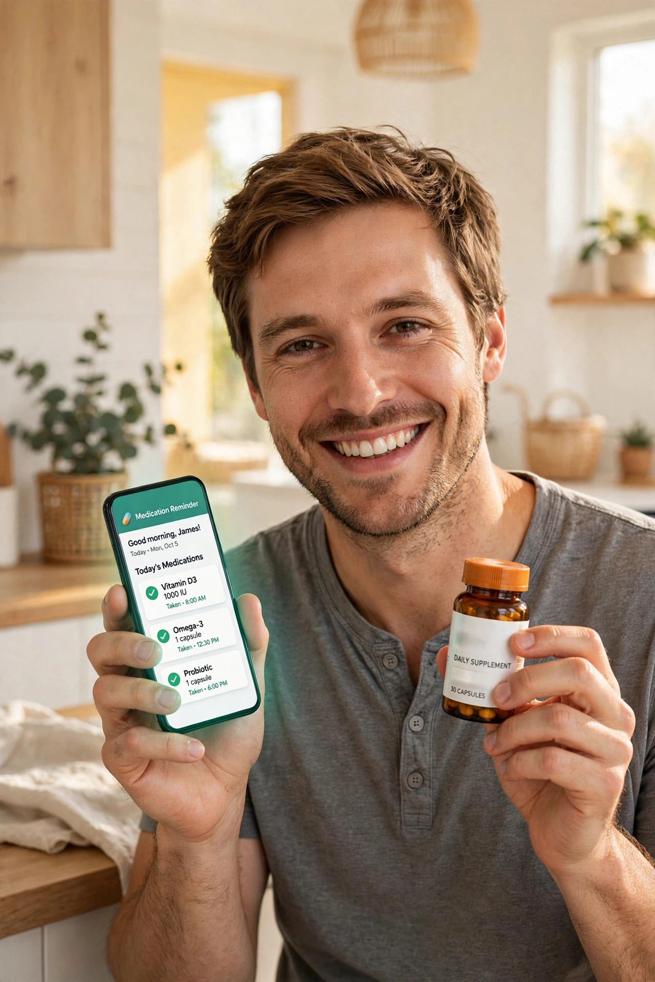 Smiling man holding phone and pill bottle